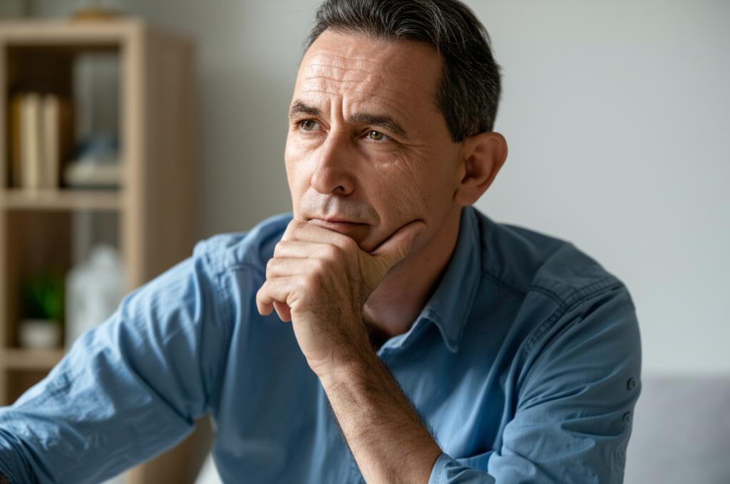 AI prompt: A middle-aged man looking thoughtful, slightly weary, sitting alone, representing quiet contemplation about life and energy levels.
