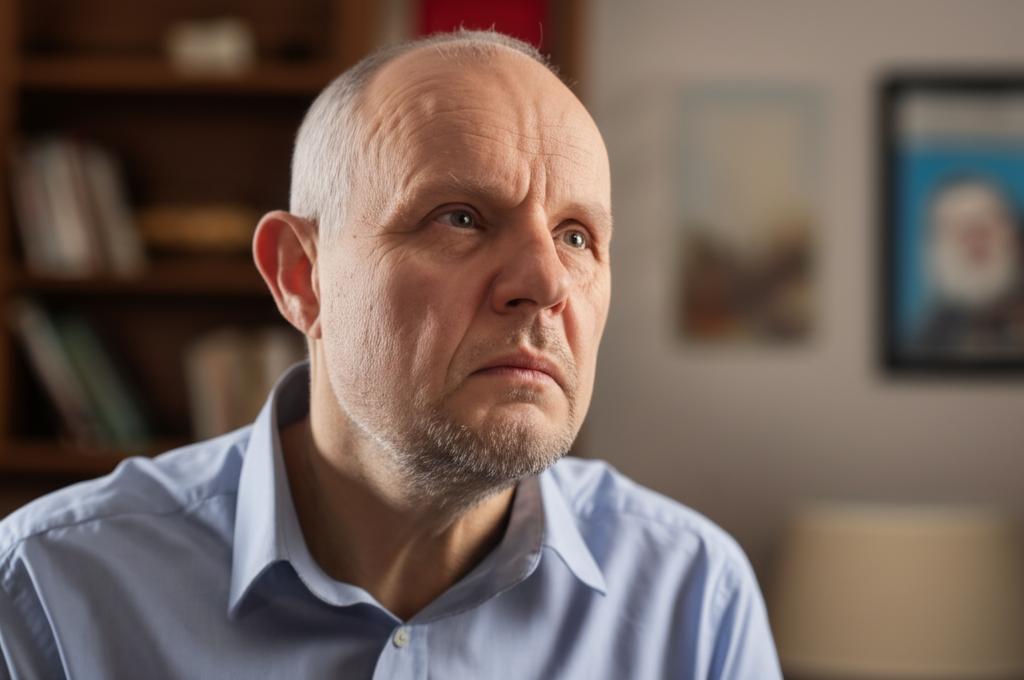 Middle-aged man looking thoughtfully into the distance, perhaps feeling anxious about changes in his life, soft lighting, relatable emotion, realistic style