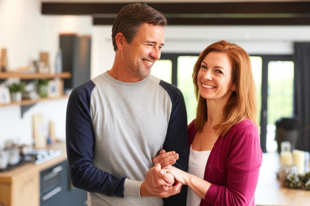 Middle-aged couple holding hands and smiling warmly in a cozy home setting, representing rediscovered intimacy and connection.