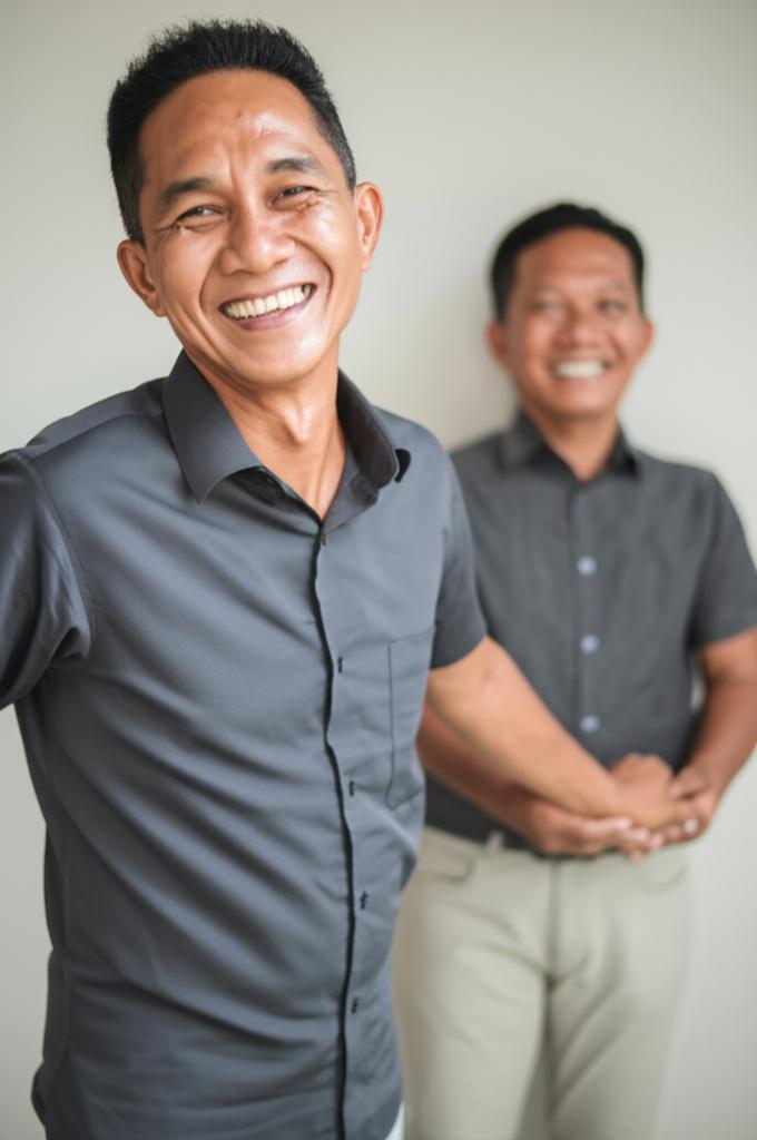 Middle-aged Indonesian man smiling confidently, perhaps holding hands with his partner in the background, warm and positive atmosphere, realistic photo