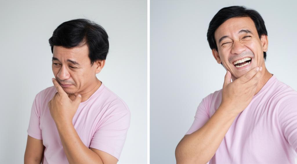 Split image showing a middle-aged Indonesian couple looking tired and distant on one side, and the same couple looking happy and energetic, laughing together on the other side.