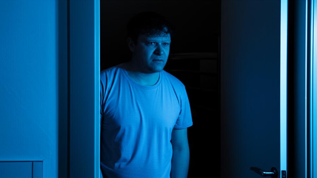 Man looking tired and frustrated at night, maybe near a bathroom door, dark and cold tones.
