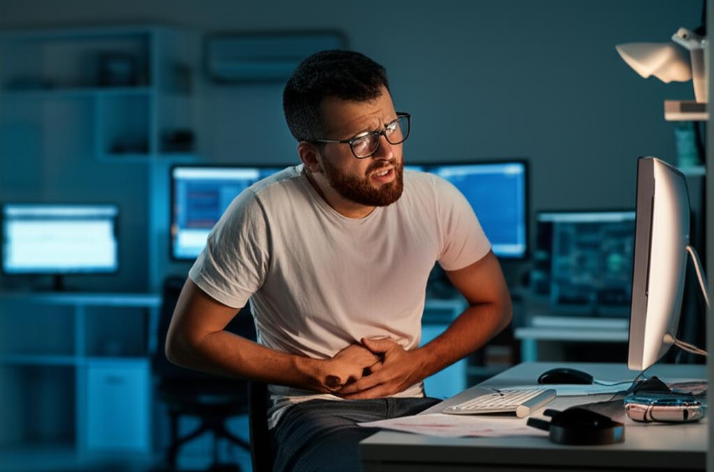 Image of a man sitting uncomfortably at a computer desk, holding his lower abdomen, representing perineal discomfort in a programmer.