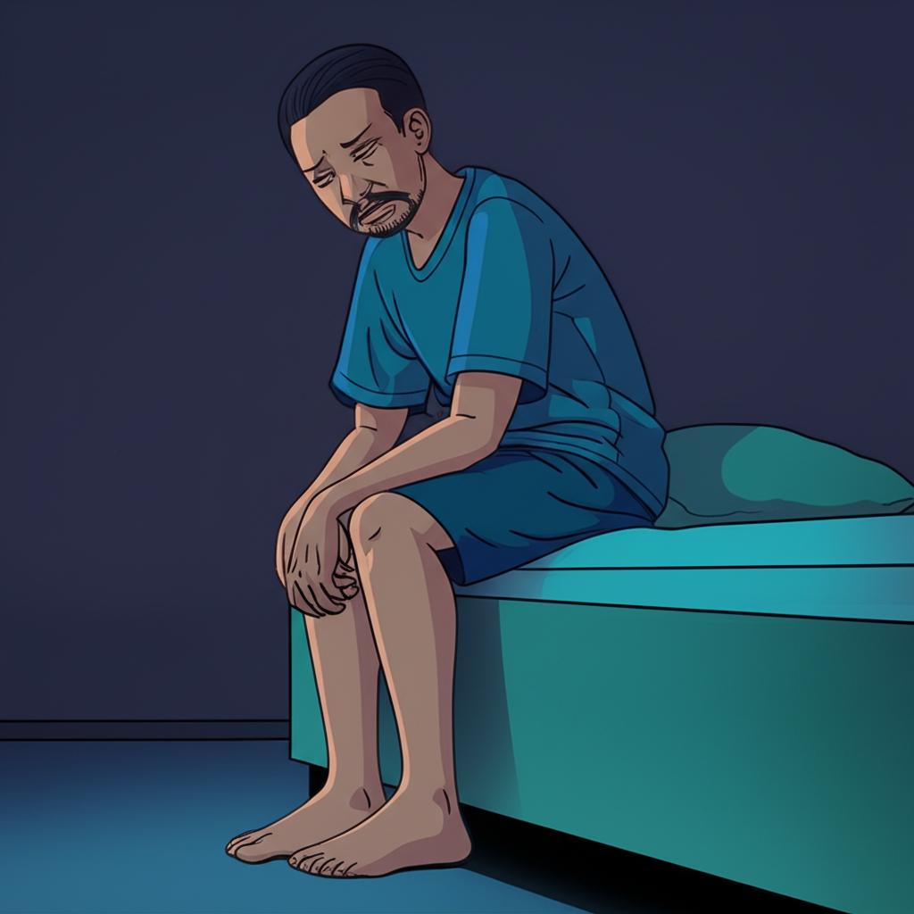 Illustration of a tired middle-aged man in Indonesia sitting on the edge of his bed at night, looking frustrated about needing to go to the bathroom again. Soft, dim bedroom lighting.