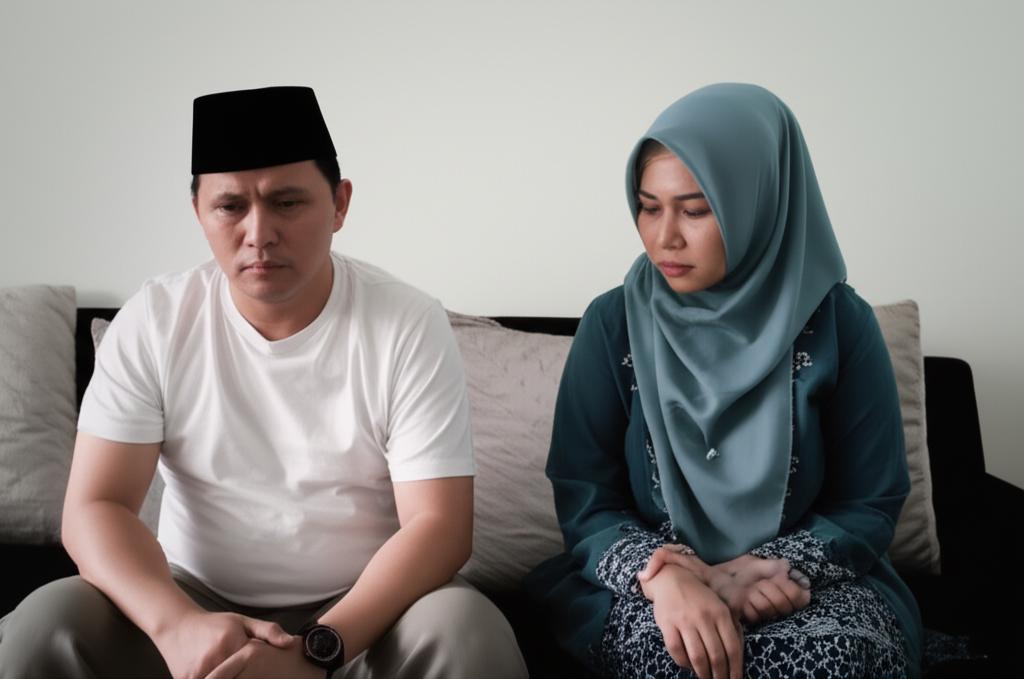 A middle-aged Indonesian couple looking distant and slightly sad on a sofa, symbolizing relationship strain due to intimacy issues.