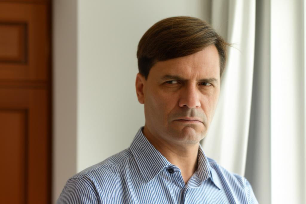 Middle-aged man looking thoughtfully out a window, slightly concerned expression, natural light, warm tones