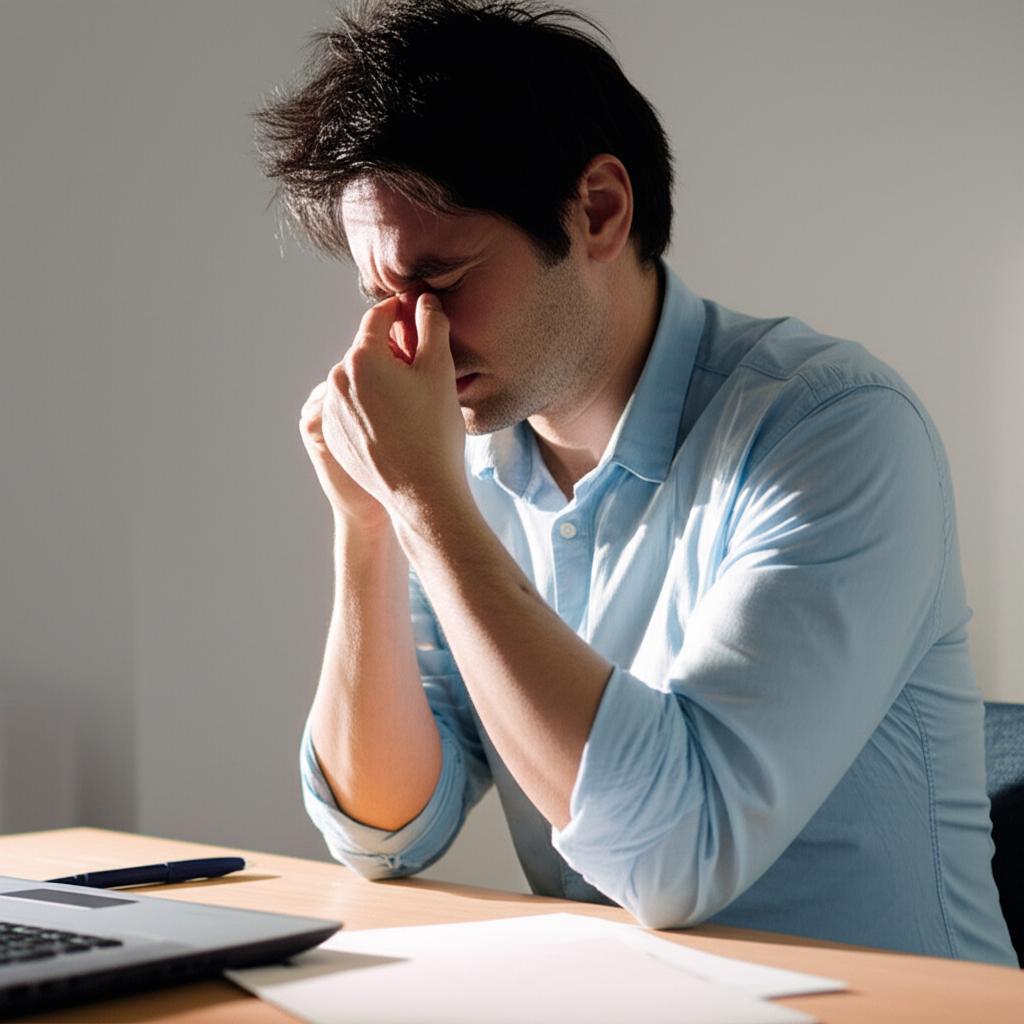 Man looking tired and rubbing his eyes at a desk in the morning
