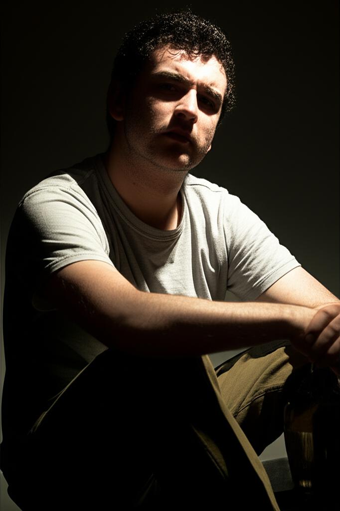 man looking frustrated and discouraged, sitting alone, low light, realistic photo