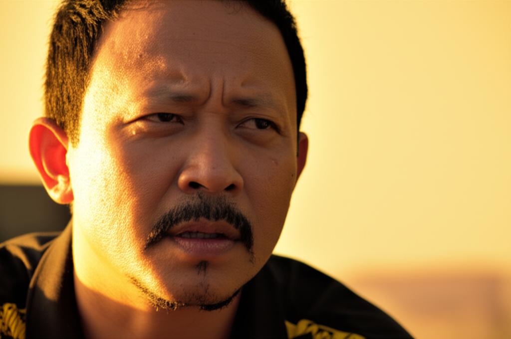A middle-aged Indonesian man looking thoughtfully into the distance, perhaps feeling slightly weary or concerned, in a warm, natural light setting.