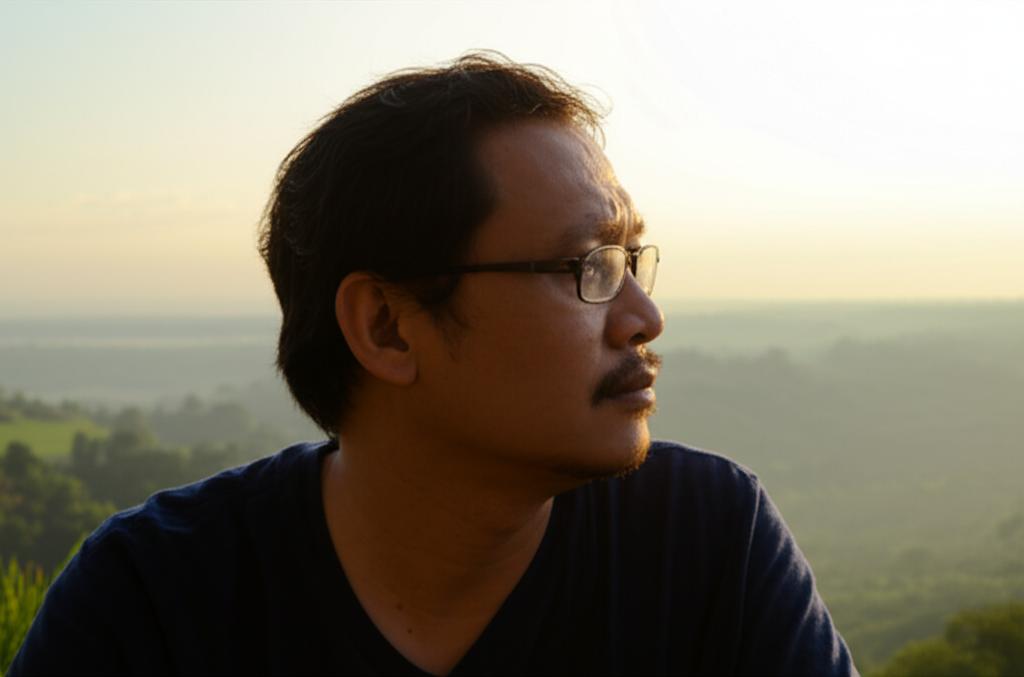 AI prompt: A thoughtful man in his late 30s looking out over a serene Indonesian landscape at sunrise, contemplating his health and future, soft focus, natural light, warm tones, realistic photo