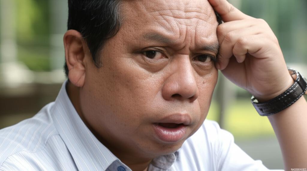 AI prompt: Realistic photo of a man in Indonesia looking thoughtful or slightly stressed, perhaps holding his head, representing the pressures of modern life and health concerns.
