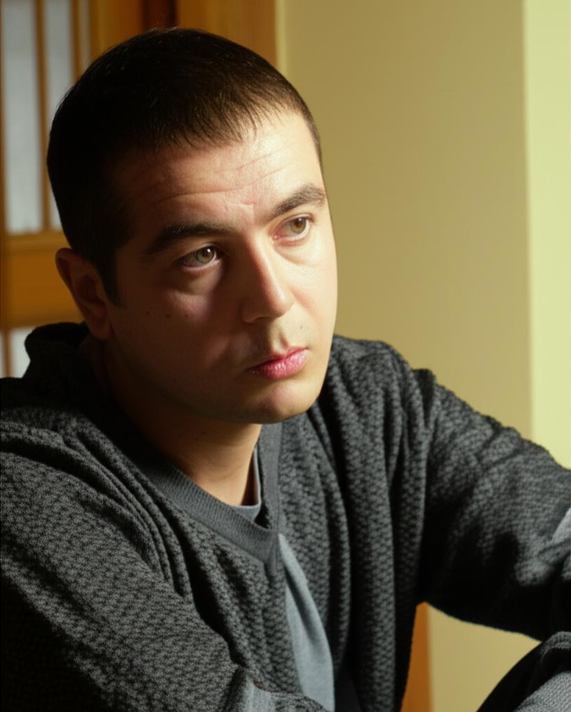 AI prompt: A man looking reflective and slightly concerned, sitting alone in a dimly lit room, conveying a sense of worry about declining vitality.