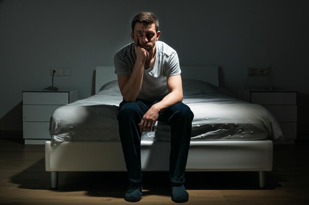 Frustrated man sitting on edge of bed, looking tired and worried, low light, realistic photo
