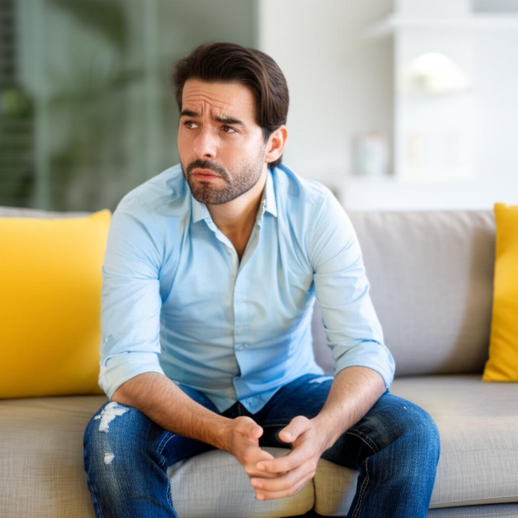 Middle-aged man sitting on a sofa looking tired and thoughtful, expressing concern about energy levels and health.