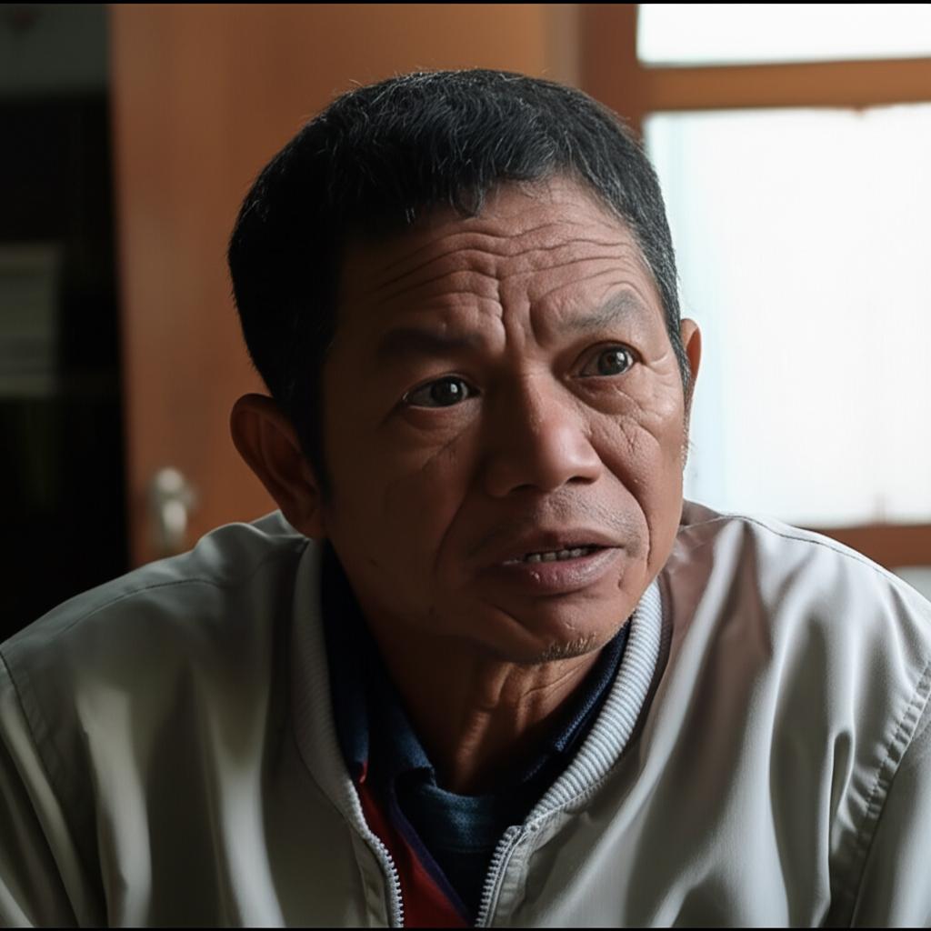 AI prompt: Realistic photo of a man in Indonesia feeling cold and tired, perhaps wrapping himself in a light jacket indoors, looking weak and weary.
