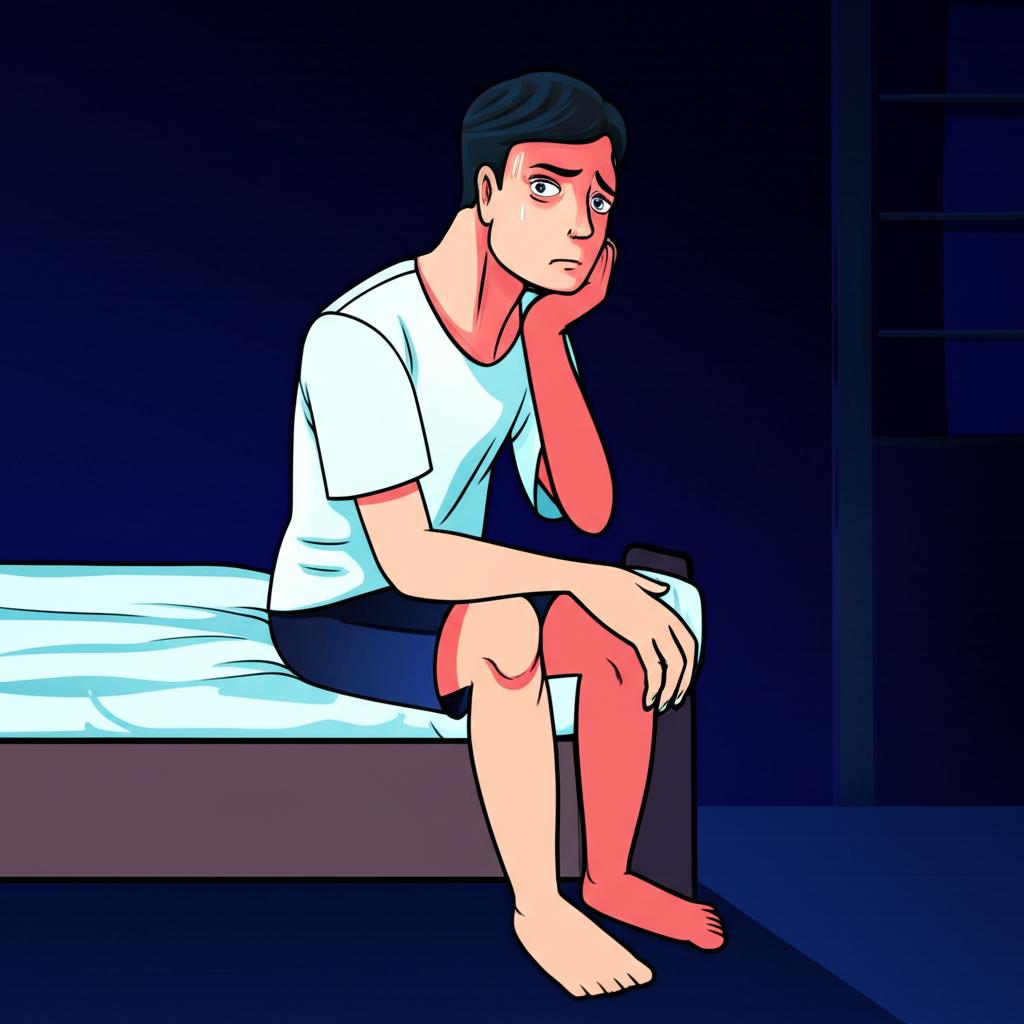 Illustration of a middle-aged Indonesian man looking tired and concerned while sitting on the edge of his bed at night, perhaps thinking about frequent urination or performance anxiety.