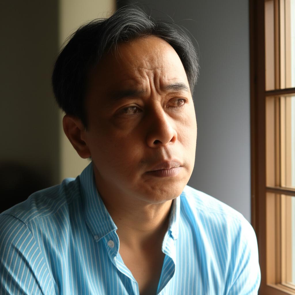 A thoughtful Indonesian man in his late 40s looking concerned, sitting by a window at dawn, symbolizing worries about vitality and morning erections. Atmospheric, slightly muted colors.