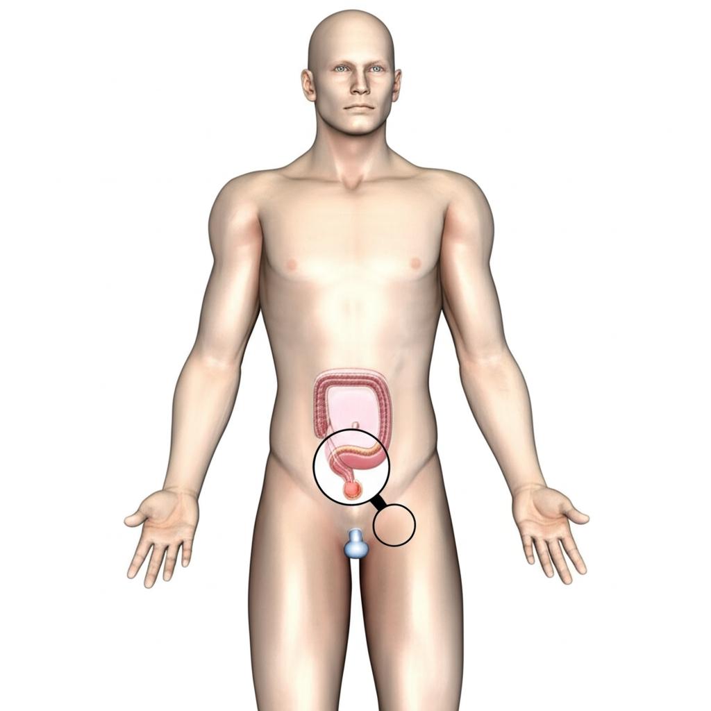 An illustration showing the location of the prostate gland in the male anatomy.