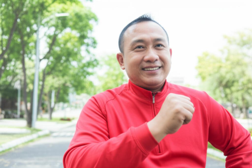 Middle-aged Indonesian man smiling and looking energetic outdoors, sunny day, feeling healthy.