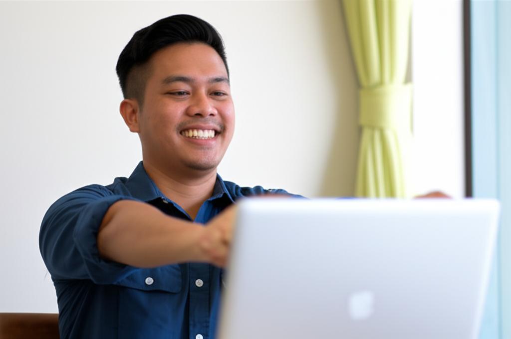 Image of a man, representing Bayu, looking relaxed and smiling while stretching after working on a laptop, showing improved well-being.