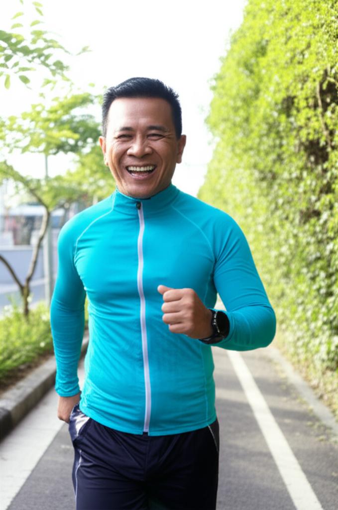 Photo of a smiling, energetic middle-aged man (Mr. Budi) in Indonesia enjoying a morning walk outdoors, looking refreshed and happy.