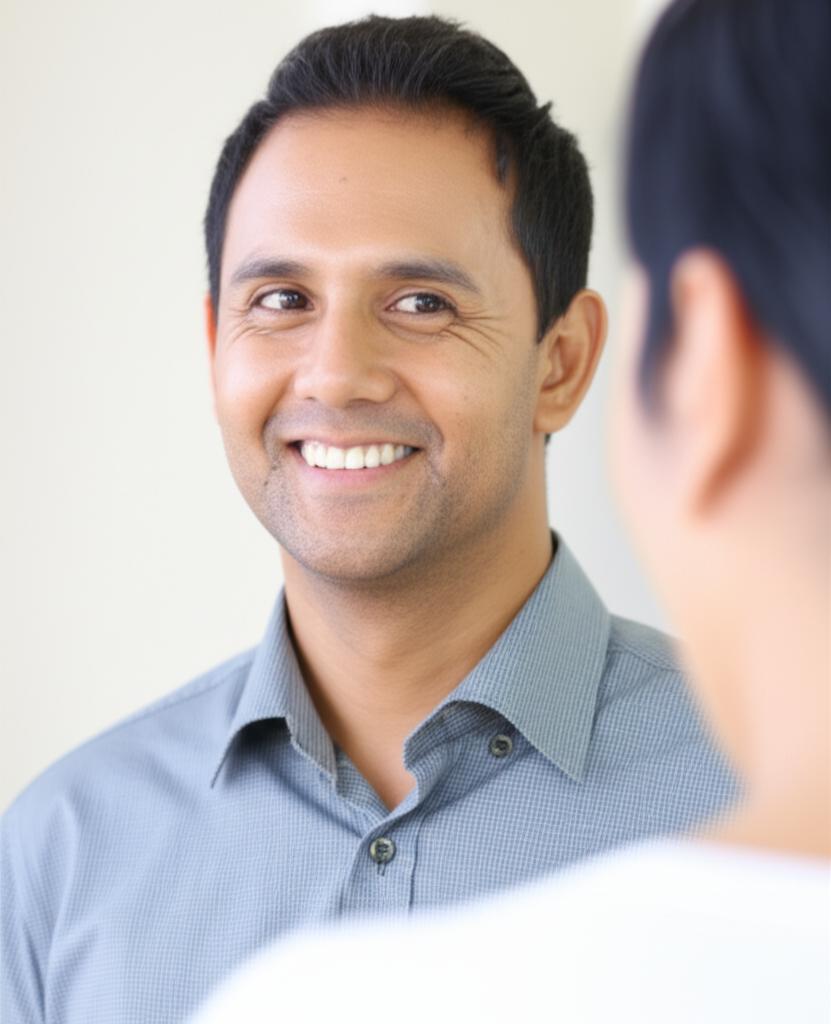 A middle-aged Indonesian man smiling confidently, perhaps looking at his partner, symbolizing renewed vitality and happiness.