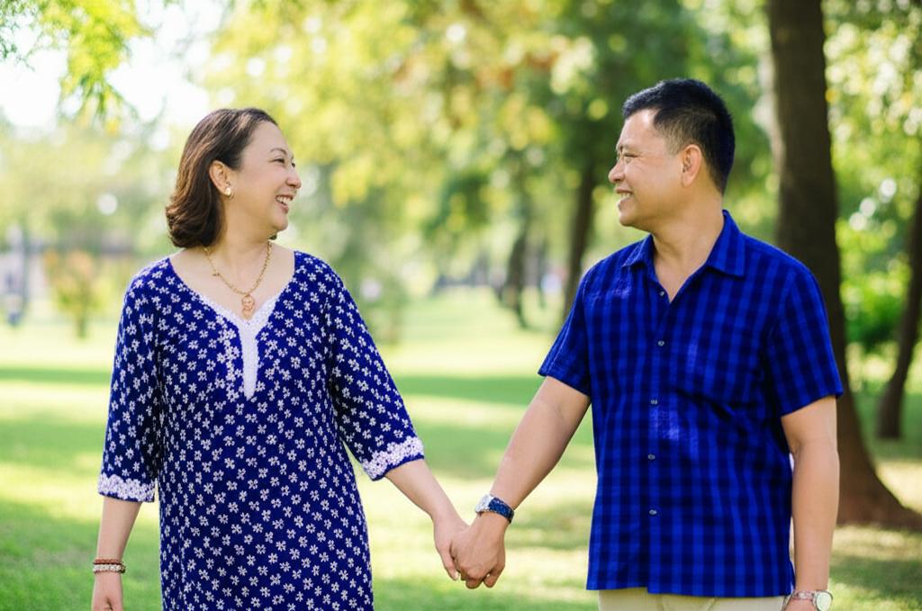 Happy middle-aged Indonesian couple holding hands, smiling at each other in a park, warm lighting
