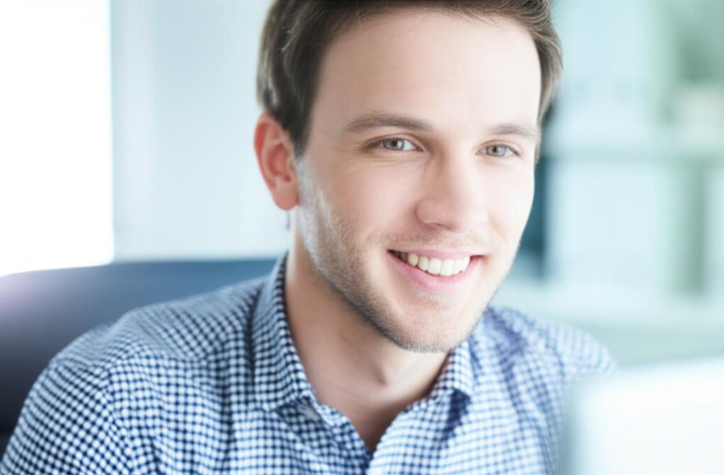 Man looking energetic and focused at work, smiling slightly
