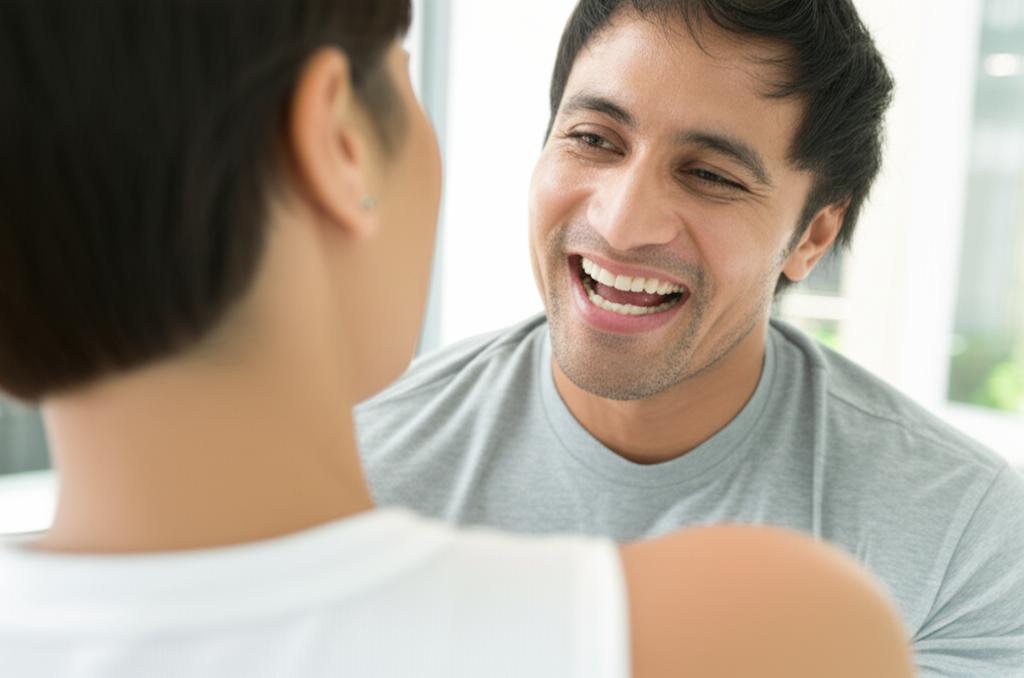 ai prompt: a man looking energetic and smiling, holding his partner