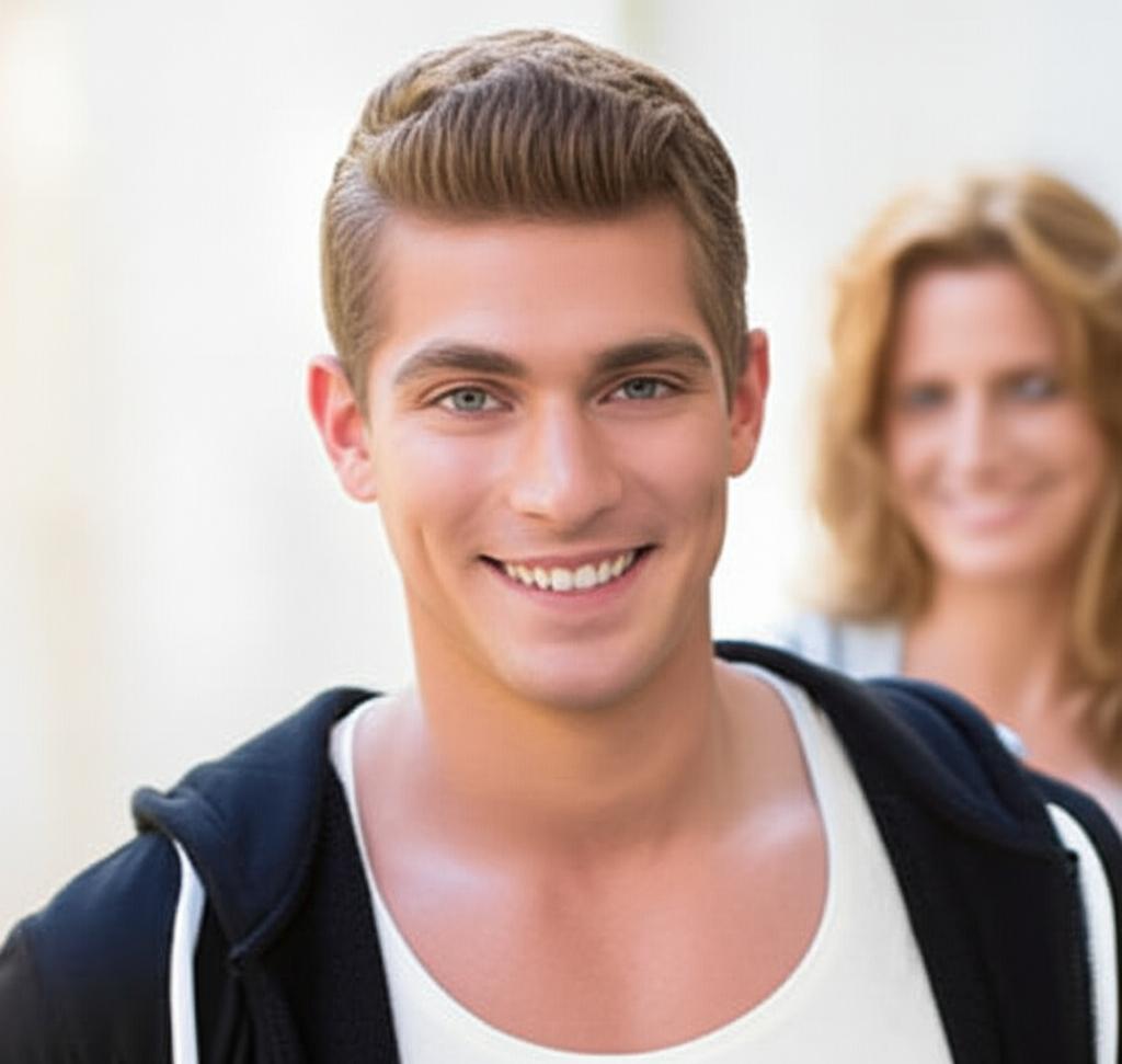 man smiling confidently, looking strong and energetic, maybe with a partner in the background blurred, bright lighting, realistic photo