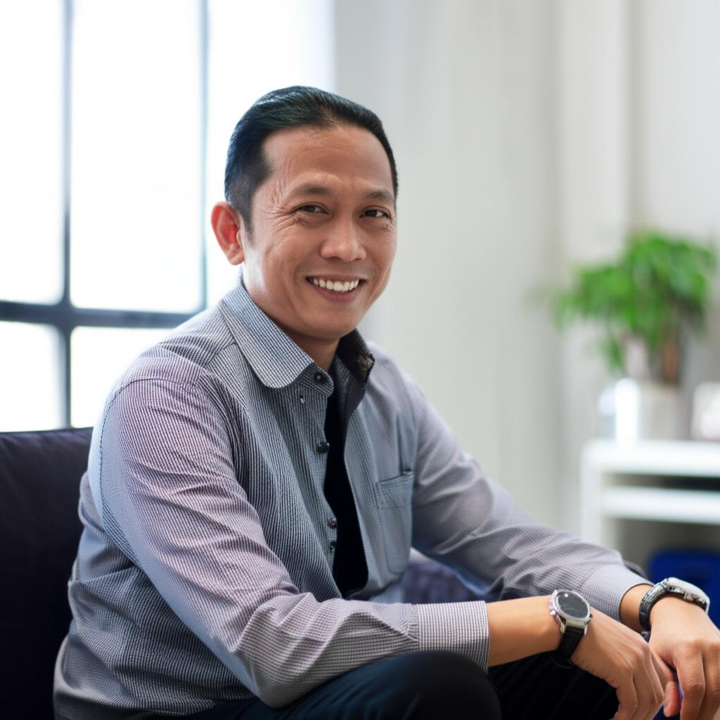 A confident Indonesian man in his 40s smiling, looking healthy and relaxed, possibly in a home environment, natural light
