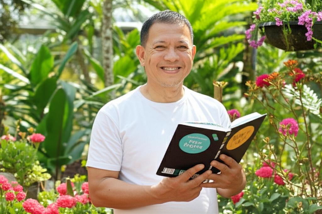 A smiling middle-aged Indonesian man, looking healthy and confident, perhaps enjoying a simple activity like reading or gardening, in a bright, positive setting.