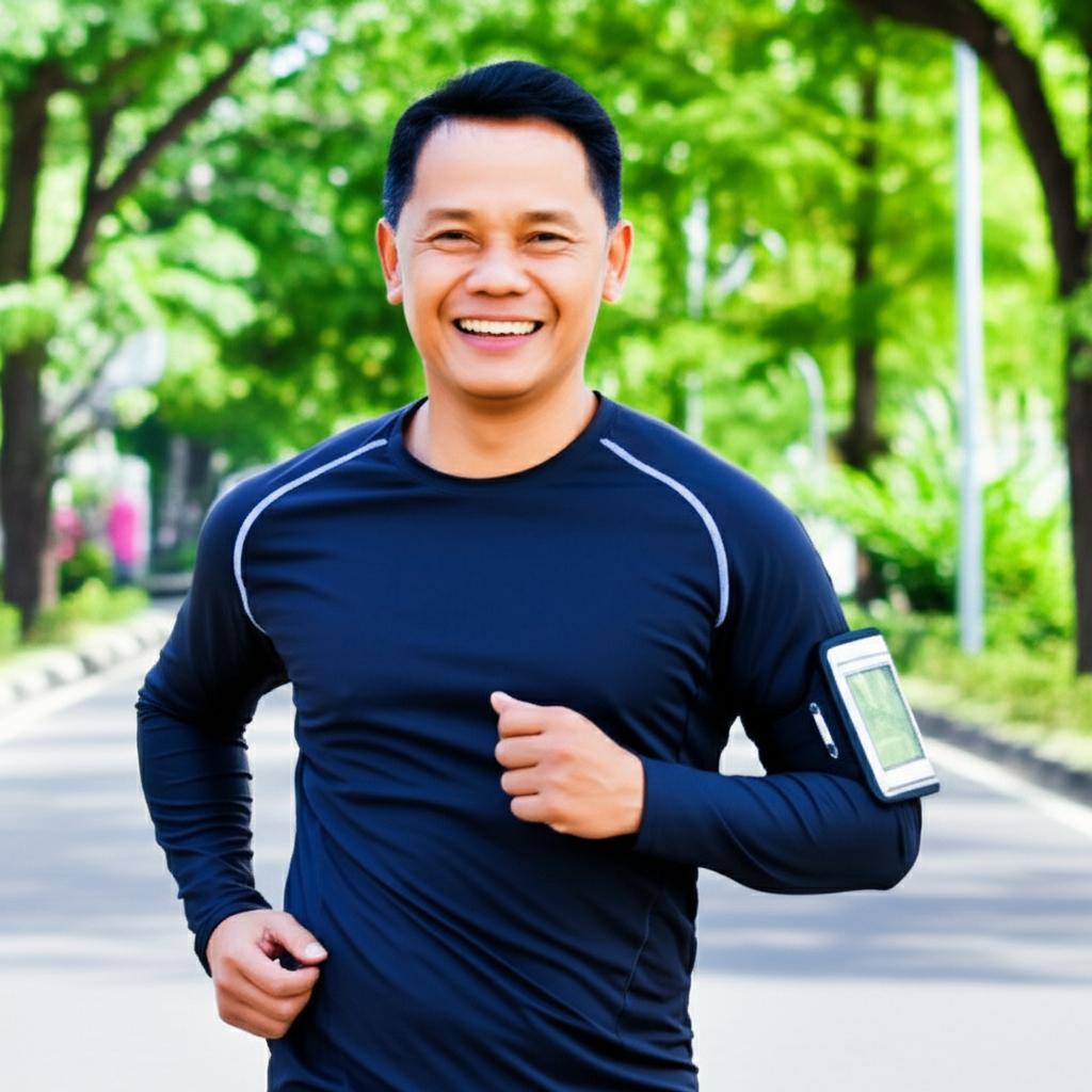 AI prompt: A confident Indonesian man in his 40s smiling genuinely, looking healthy and energetic, perhaps jogging or doing light exercise outdoors, bright and positive atmosphere, realistic photo