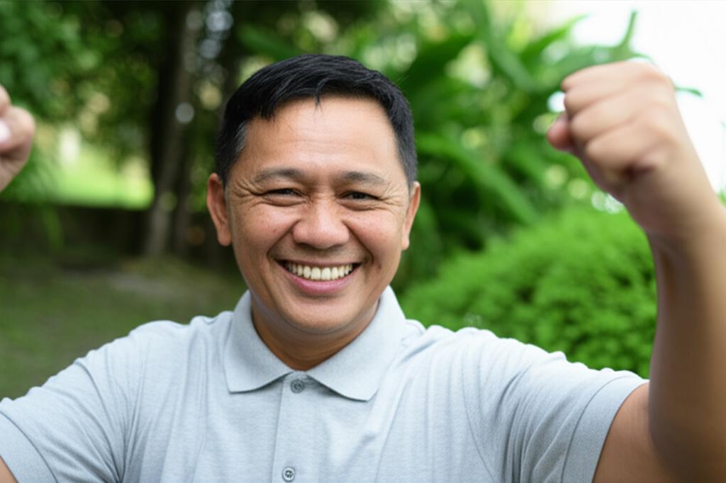 AI prompt: Realistic photo of an Indonesian man in his late 40s or early 50s smiling confidently and looking energetic, perhaps outdoors, representing improved vitality.
