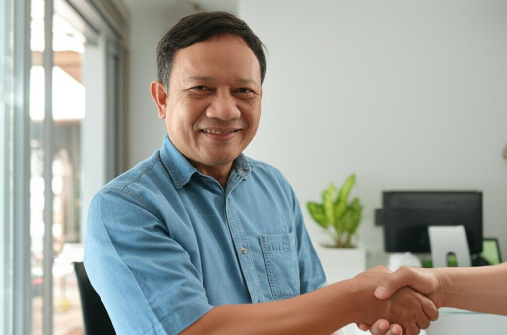 AI prompt: A middle-aged Indonesian man smiling confidently, perhaps shaking hands or looking energetic in a business or home setting, representing renewed vitality.