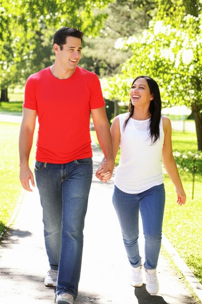 Man looking happier and energetic, walking hand-in-hand with partner in a park, sunny day, realistic photo