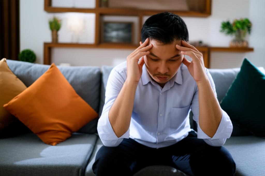AI prompt: Realistic photo of a man sitting on a sofa at home, looking stressed, holding his head, evening light, Indonesian home decor