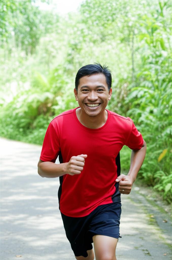 AI prompt: Photo of an Indonesian man looking much more energetic and healthy, smiling, perhaps engaging in a light activity outdoors, representing a positive transformation.