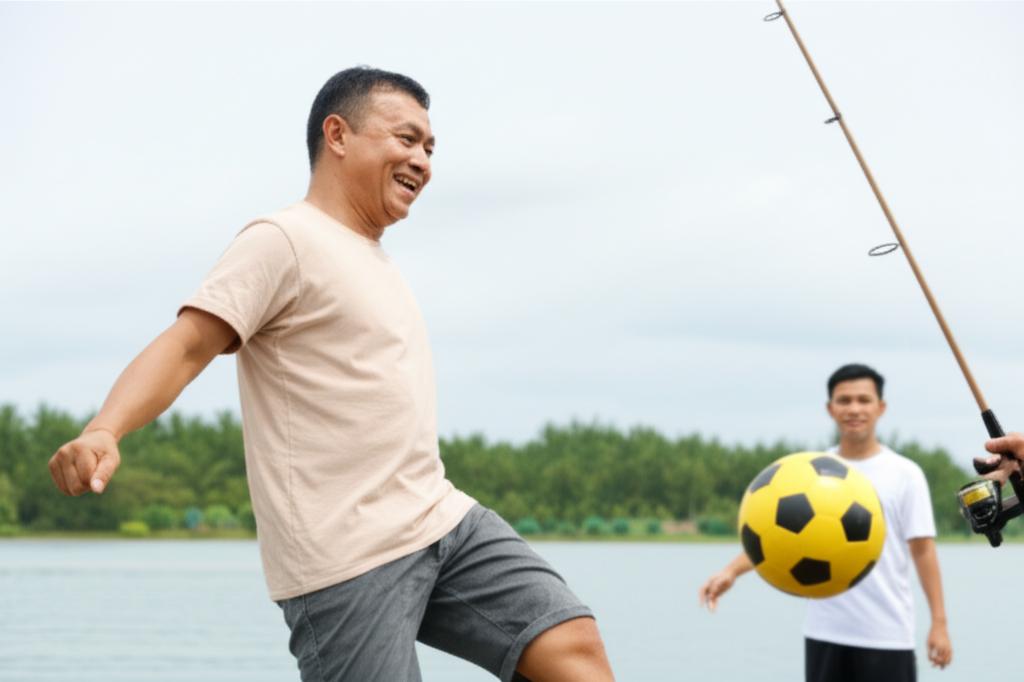 Illustration of a middle-aged Indonesian man smiling confidently and looking energetic, perhaps playing with his family or engaging in a hobby, showing improved well-being.