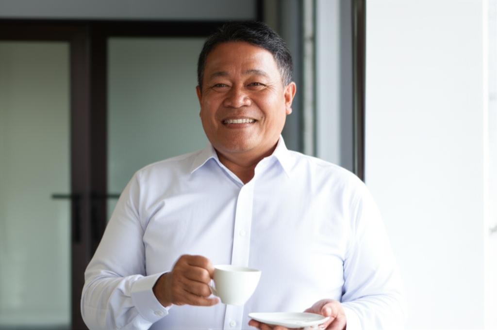 A smiling Indonesian man in his early 50s looking energetic and confident, perhaps shaking hands in a business setting or enjoying a morning coffee, symbolizing renewed vitality. Bright, positive lighting.