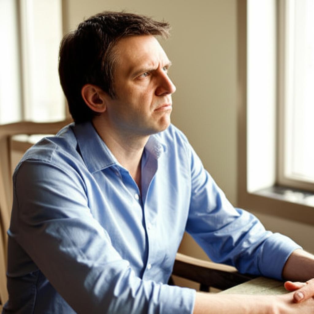 ai prompt: a middle-aged man looking thoughtful and slightly concerned, sitting alone, contemplating health and vitality, natural light, realistic style