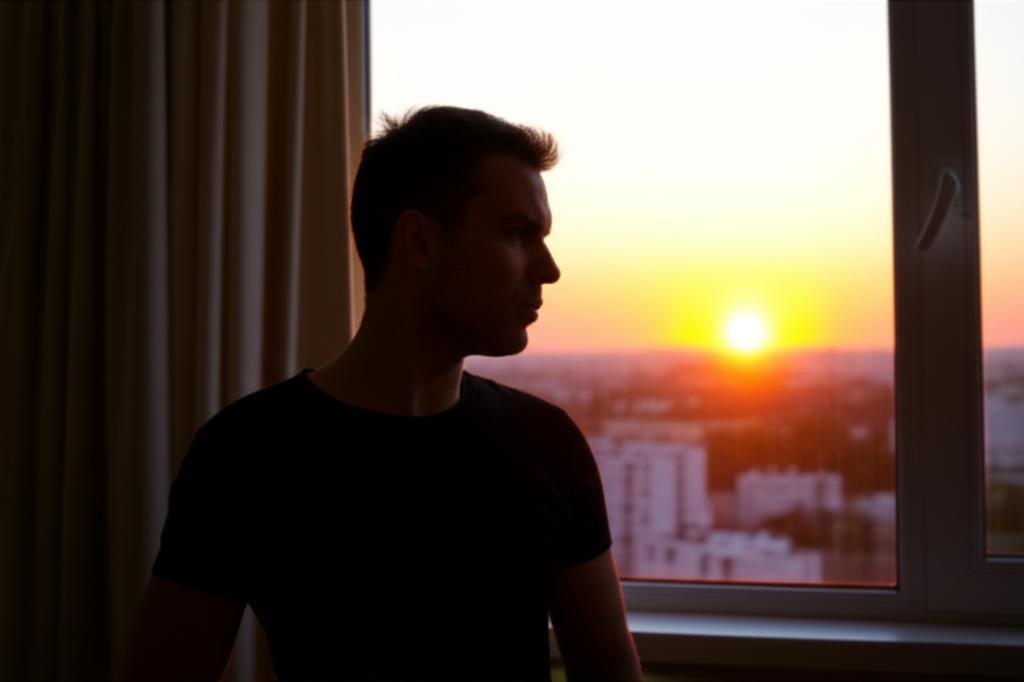 A thoughtful man looking out a window at sunrise, representing hope and reflection on health, natural light, serene.