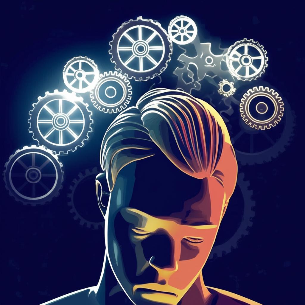 Digital illustration of a man looking stressed, with gears turning in his head, representing pressure to perform