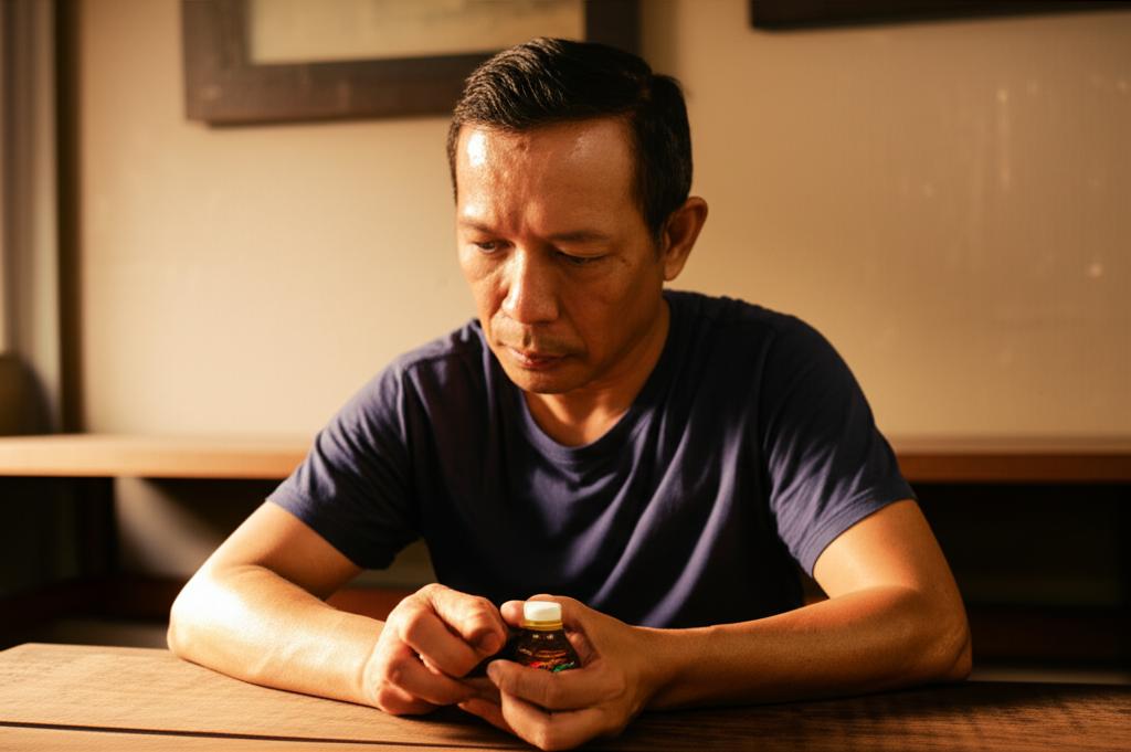 AI prompt: A middle-aged Indonesian man sitting alone, looking thoughtful and slightly concerned, perhaps holding a pill bottle subtly, realistic photo with warm, slightly muted tones.
