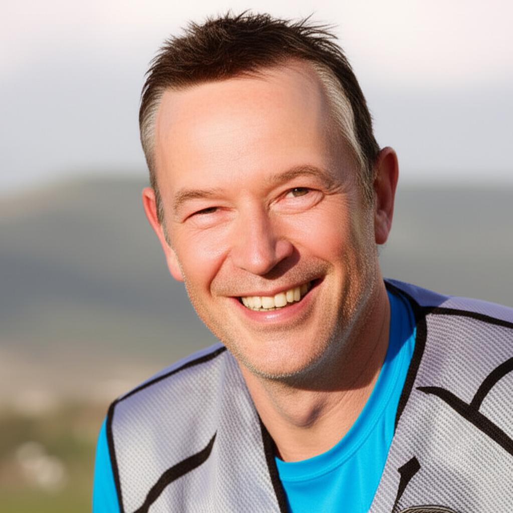 Man in his late 40s smiling confidently and looking energetic, perhaps playing light sport or enjoying time outdoors