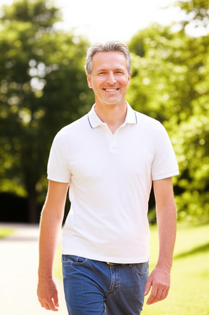 ai prompt: a middle-aged man smiling confidently, looking energetic and healthy, perhaps walking in a park or spending time with family, bright and positive atmosphere, realistic style
