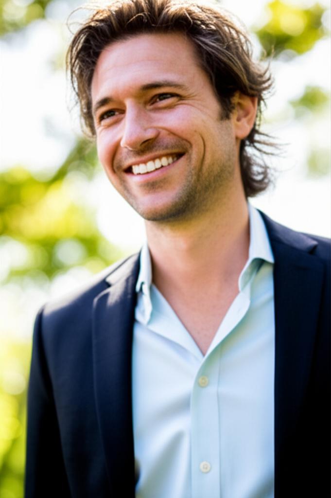 Photo of a man smiling confidently, looking relaxed and healthy in a natural setting