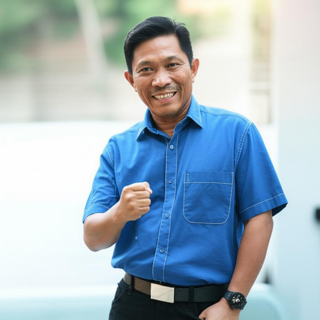 AI prompt: A middle-aged Indonesian man looking happy and confident, perhaps standing tall or shaking hands firmly, conveying a sense of renewed energy and well-being, realistic photo.